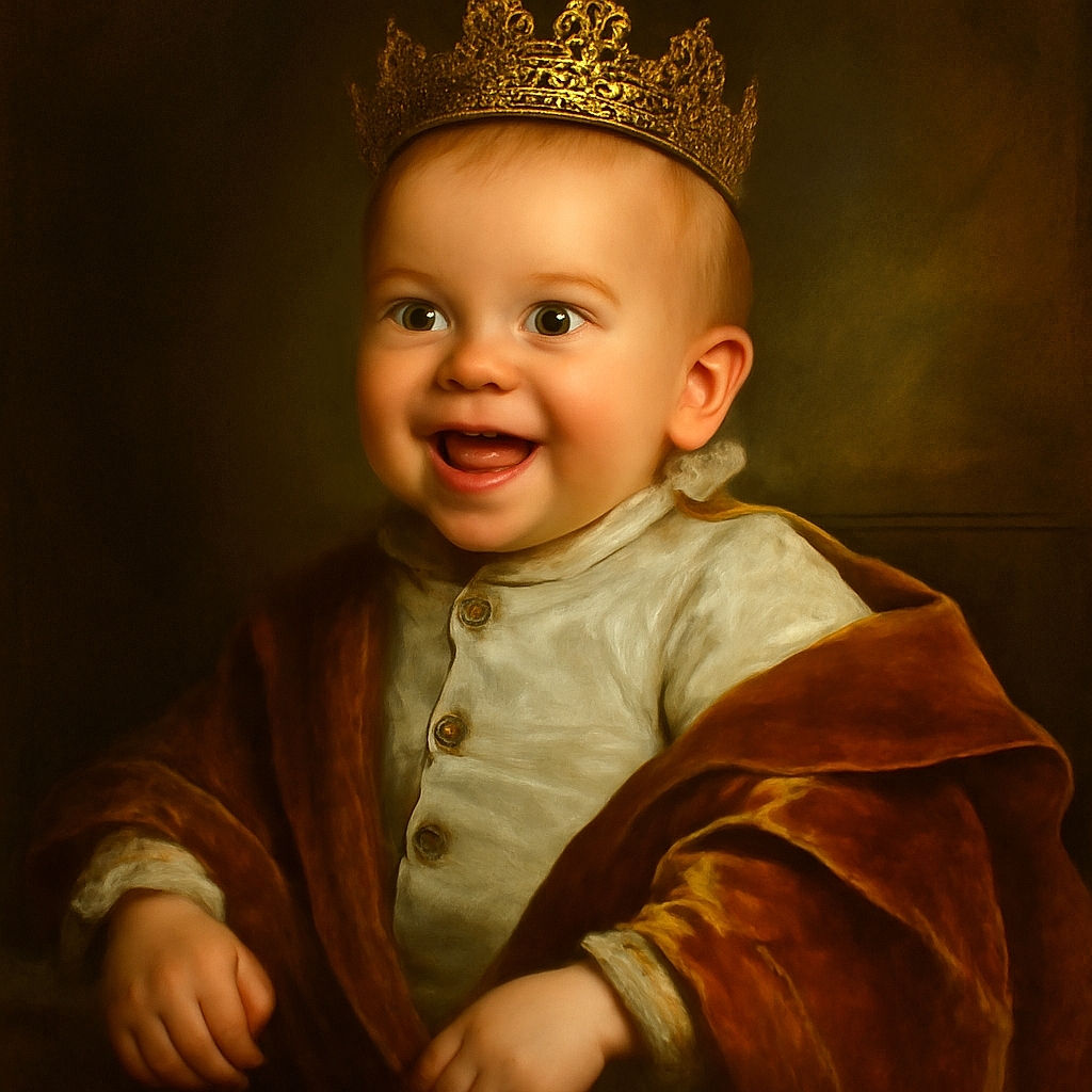 A joyful baby strapped safely in a car seat, dressed in a white shirt and striped pants, smiling widely with a bit of drool, holding a colorful toy. The background shows a cozy room with floral wallpaper and a stack of books, adding a homely touch.