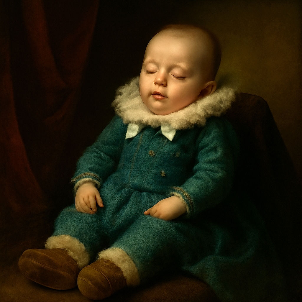 A peacefully snoozing baby dressed in a cozy green knit outfit and fluffy boots, comfortably nestled on a soft beige blanket with colorful pillows in the background, looking like the tiniest, cutest bundle of calm in the world.