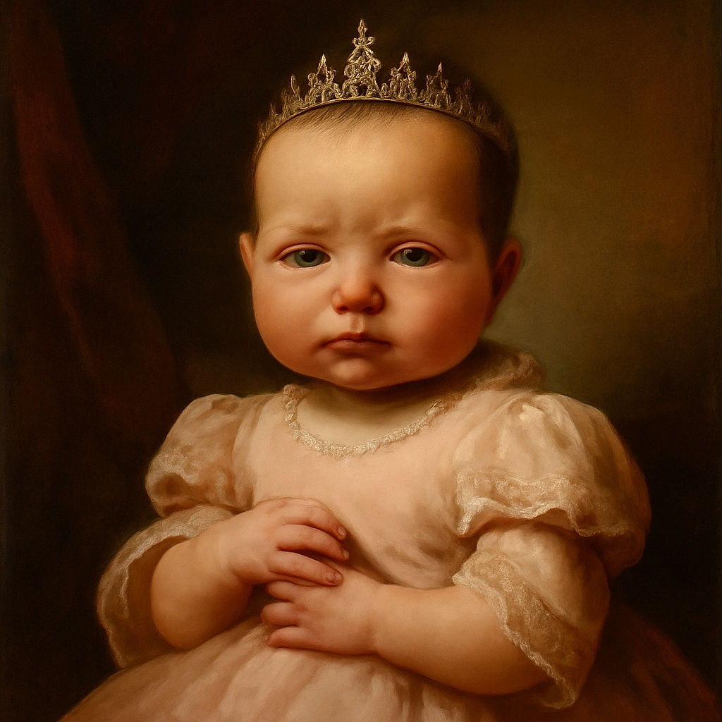 A close-up of a newborn baby with delicate features and soft skin, wrapped in a pink outfit with a tulle skirt, clutching their hands near their chin, against a neutral background with a hint of a colorful blanket.