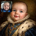 A chubby-cheeked baby with sparkling blue eyes and a tiny smile is buckled snugly in a car seat, wearing a bright blue shirt with a colorful design. The close-up captures the innocence and curiosity of the little one, with soft lighting highlighting the smooth skin and fine hair.