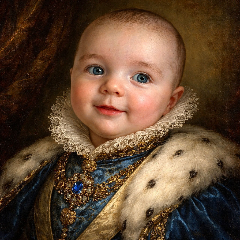 A chubby-cheeked baby with sparkling blue eyes and a tiny smile is buckled snugly in a car seat, wearing a bright blue shirt with a colorful design. The close-up captures the innocence and curiosity of the little one, with soft lighting highlighting the smooth skin and fine hair.