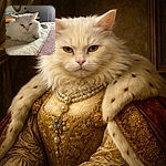 A fluffy white cat lounges on a soft beige blanket atop a textured pink bedspread, looking slightly unimpressed but cozy in a softly lit room with a mirror and radiator in the background.