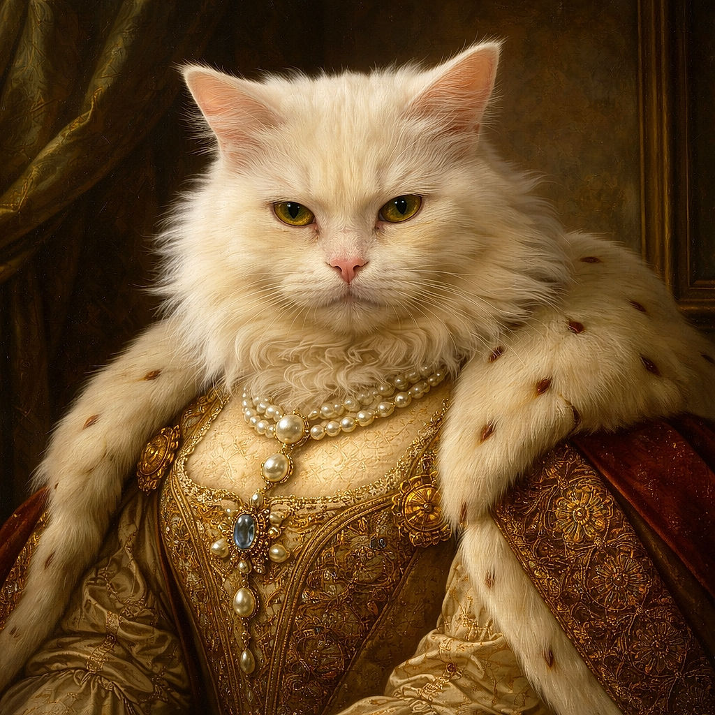 A fluffy white cat lounges on a soft beige blanket atop a textured pink bedspread, looking slightly unimpressed but cozy in a softly lit room with a mirror and radiator in the background.