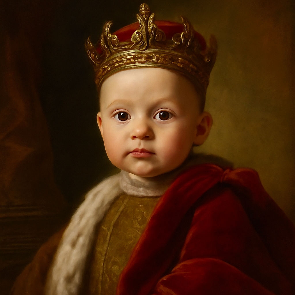 A close-up shot of a curious baby with big round eyes and chubby cheeks, looking straight at the camera. The baby's soft skin and subtle expressions are captured in warm indoor lighting, with a cozy home background slightly blurred behind.