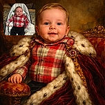 A cheerful baby dressed in a cozy red plaid shirt and black pants lounges comfortably in a cushioned baby seat decorated with forest and deer patterns, smiling warmly at the camera with a soft blanket tucked beside them and a rustic living room backdrop.