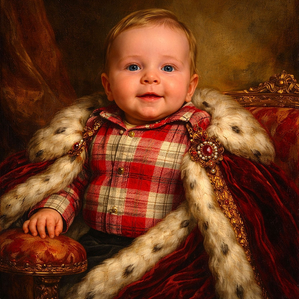 A cheerful baby dressed in a cozy red plaid shirt and black pants lounges comfortably in a cushioned baby seat decorated with forest and deer patterns, smiling warmly at the camera with a soft blanket tucked beside them and a rustic living room backdrop.
