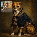 A brindle dog lounges on a cozy blanket, giving the camera a deeply suspicious side-eye as if someone just interrupted an extremely important nap. Its droopy ears, white muzzle, and outstretched paw add maximum sleepy-couch-potato charm, while the leafy animal-patterned curtain provides a woodland backdrop.