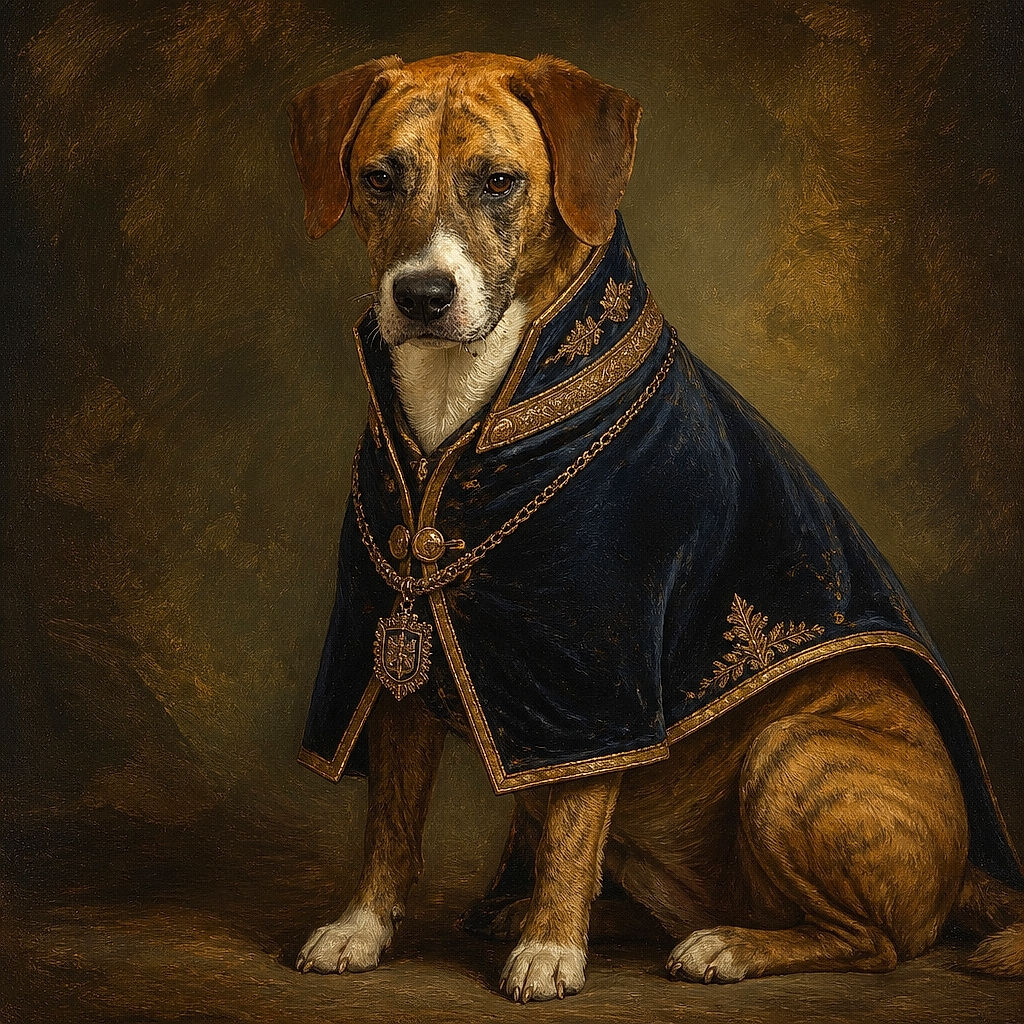 A brindle dog lounges on a cozy blanket, giving the camera a deeply suspicious side-eye as if someone just interrupted an extremely important nap. Its droopy ears, white muzzle, and outstretched paw add maximum sleepy-couch-potato charm, while the leafy animal-patterned curtain provides a woodland backdrop.