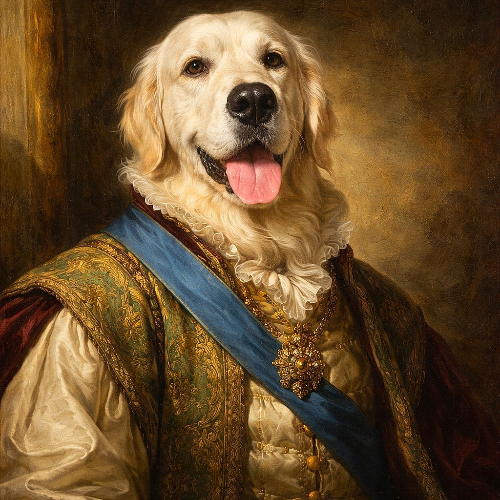 A gleeful golden retriever hogs the frame, nose and tongue front-and-center (complete with a dramatic dark spot), lounging on a couch with a cozy plaid blanket and a softly blurred living-room backdrop—looks like it's auditioning for "Goodest Boy of the Year."