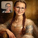 A cheerful young girl with braided hair and large glasses smiles warmly at the camera while sitting on a dark couch against a textured beige wall, capturing a cozy, casual moment indoors.