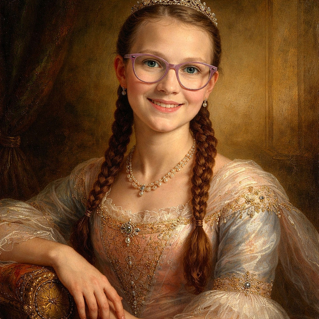 A cheerful young girl with braided hair and large glasses smiles warmly at the camera while sitting on a dark couch against a textured beige wall, capturing a cozy, casual moment indoors.