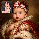 A chubby-cheeked baby with a wild hairdo topped by a heart-patterned bow looks curiously at the camera while being held indoors, dressed in a striped top and red bottoms with heart details.