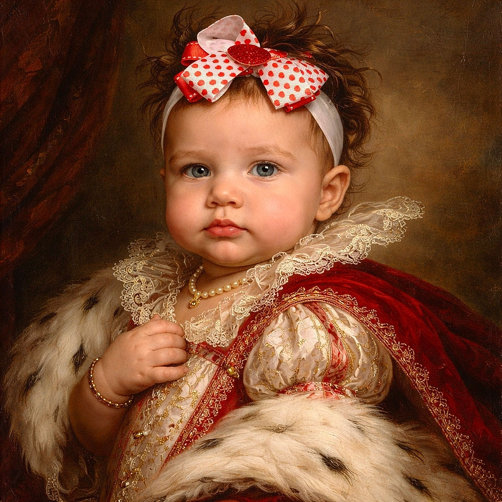 A chubby-cheeked baby with a wild hairdo topped by a heart-patterned bow looks curiously at the camera while being held indoors, dressed in a striped top and red bottoms with heart details.