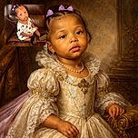 A cute toddler with purple bows in her hair sits comfortably on a brown leather couch, wearing a colorful Mickey Mouse patterned dress and fuzzy black slippers, looking curiously at the camera with wide eyes and a slight pout.