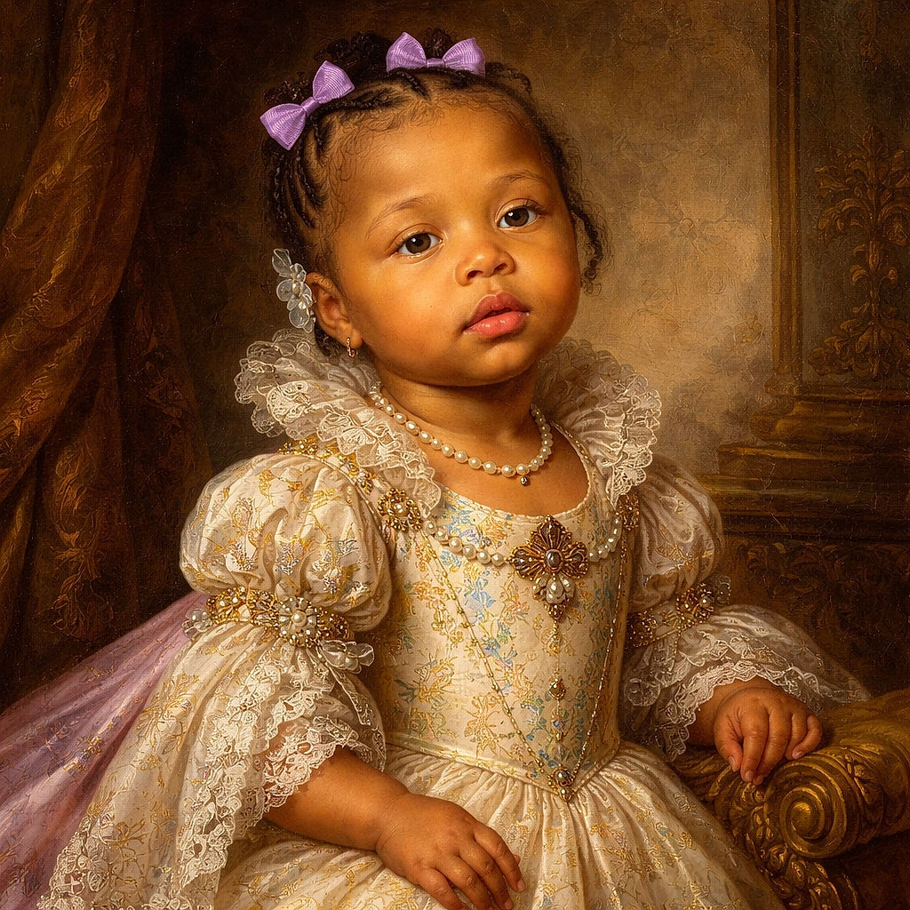 A cute toddler with purple bows in her hair sits comfortably on a brown leather couch, wearing a colorful Mickey Mouse patterned dress and fuzzy black slippers, looking curiously at the camera with wide eyes and a slight pout.