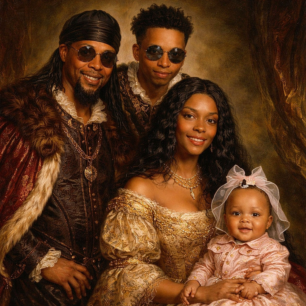 A cheerful family portrait where everyone looks camera-ready: two adults and a teen flank a delighted baby wearing a big mesh bow. The parents beam while one adult sports sunglasses and a durag, giving the shot a relaxed, stylish vibe against a soft green backdrop — like a warm group hug turned into a magazine cover.