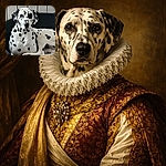 A regal Dalmatian lounges comfortably in a black pet bed, its signature black spots contrasting sharply against its white fur. The dog's calm, soulful eyes gaze directly at the camera, while the background features simple white paneling, keeping all focus on this spotted canine superstar.