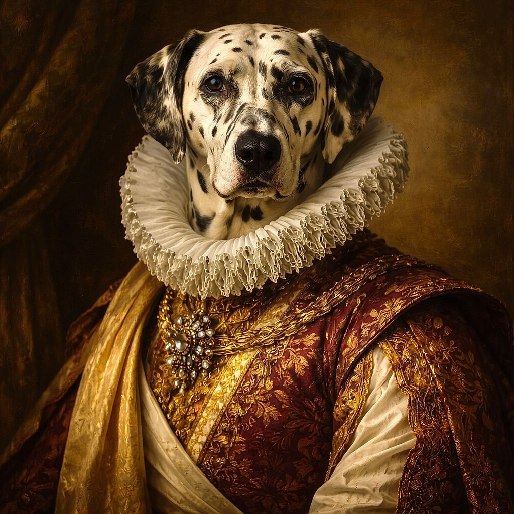 A regal Dalmatian lounges comfortably in a black pet bed, its signature black spots contrasting sharply against its white fur. The dog's calm, soulful eyes gaze directly at the camera, while the background features simple white paneling, keeping all focus on this spotted canine superstar.