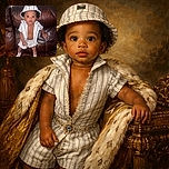 A cute toddler standing on a brown leather couch, dressed in a matching striped outfit with a bucket hat, looking curiously at the camera with big bright eyes and white socks on their feet.