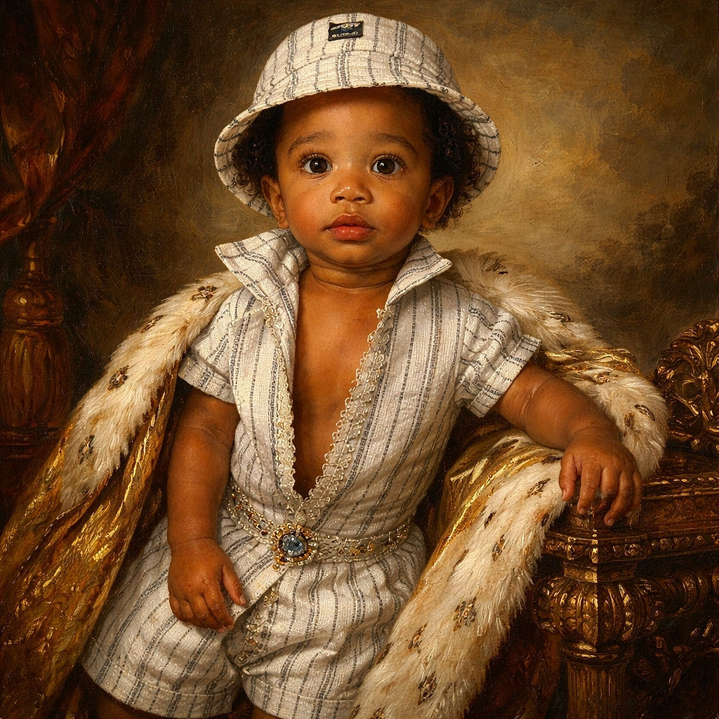 A cute toddler standing on a brown leather couch, dressed in a matching striped outfit with a bucket hat, looking curiously at the camera with big bright eyes and white socks on their feet.