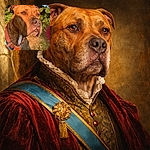 A dignified brindle dog soaks up golden-hour sun like it just remembered it’s the family model — noble squint, heroic nose, and an orange harness that screams ‘walk time’. A dramatic shadow stripe and a thumb-in-corner add accidental artistic flair.