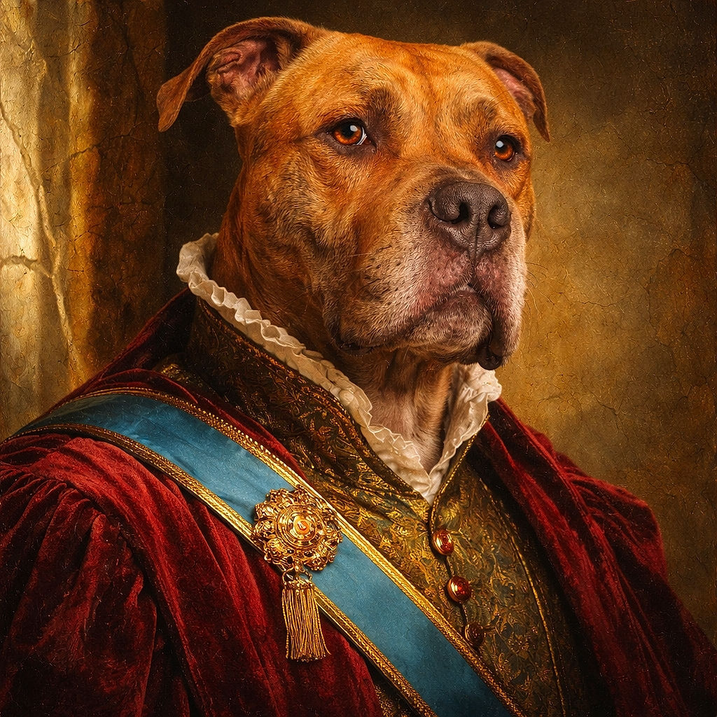 A dignified brindle dog soaks up golden-hour sun like it just remembered it’s the family model — noble squint, heroic nose, and an orange harness that screams ‘walk time’. A dramatic shadow stripe and a thumb-in-corner add accidental artistic flair.