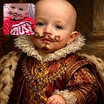 A cute baby with a digitally added whimsical mustache and goatee, wearing a bright red shirt with bold white text, sitting comfortably in a colorful baby seat featuring playful designs in the background.