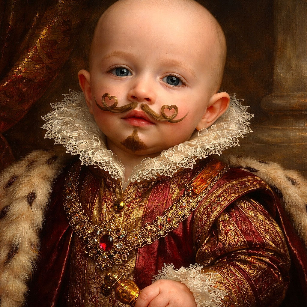 A cute baby with a digitally added whimsical mustache and goatee, wearing a bright red shirt with bold white text, sitting comfortably in a colorful baby seat featuring playful designs in the background.