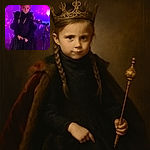 A young girl dressed in a dark, gothic-style outfit stands amidst a spooky, purple-lit scene with Halloween decorations and eerie lights creating a mysterious atmosphere.