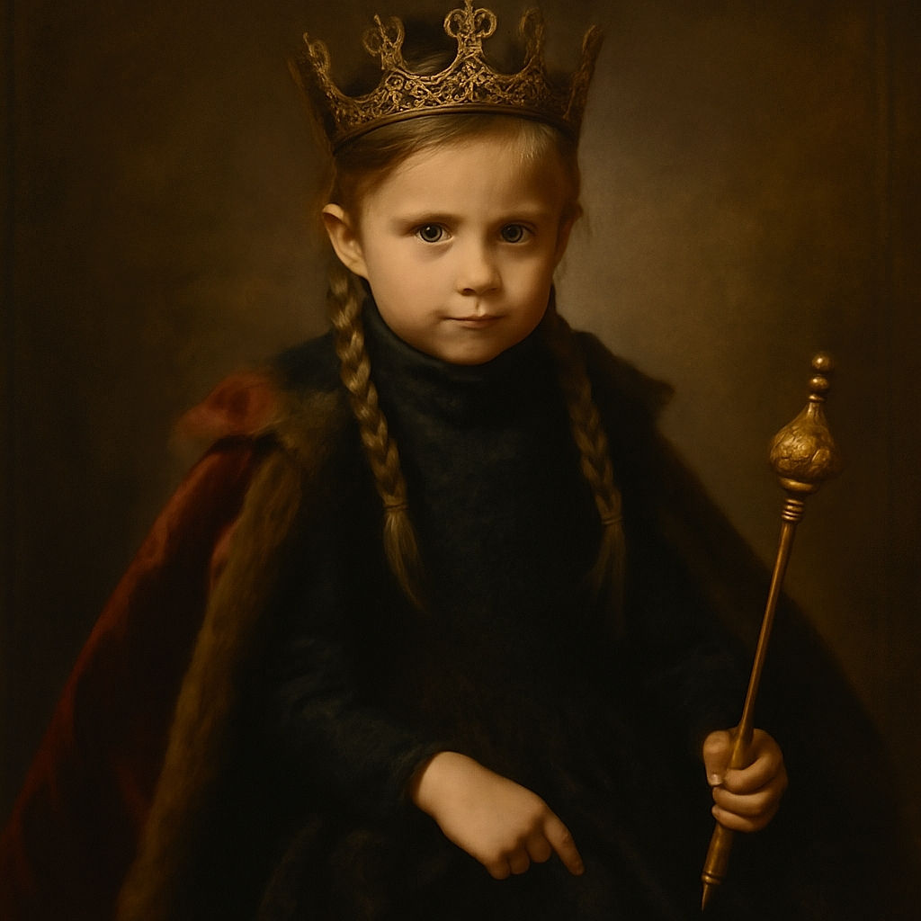 A young girl dressed in a dark, gothic-style outfit stands amidst a spooky, purple-lit scene with Halloween decorations and eerie lights creating a mysterious atmosphere.