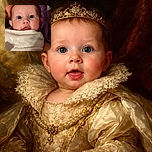 A close-up shot of an adorable baby wrapped in a soft, white blanket embroidered with stars and a crescent moon, staring wide-eyed at the camera with a curious expression and slightly parted lips, surrounded by a cozy, purple background.