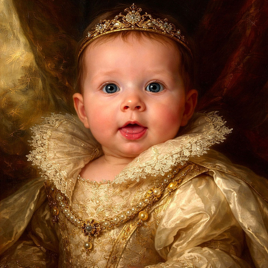 A close-up shot of an adorable baby wrapped in a soft, white blanket embroidered with stars and a crescent moon, staring wide-eyed at the camera with a curious expression and slightly parted lips, surrounded by a cozy, purple background.