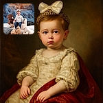 A serious-faced toddler sits in a cozy, fluffy armchair surrounded by an army of teddy bears and soft pillows, with a dreamy winter-themed backdrop that looks like a bear paradise.