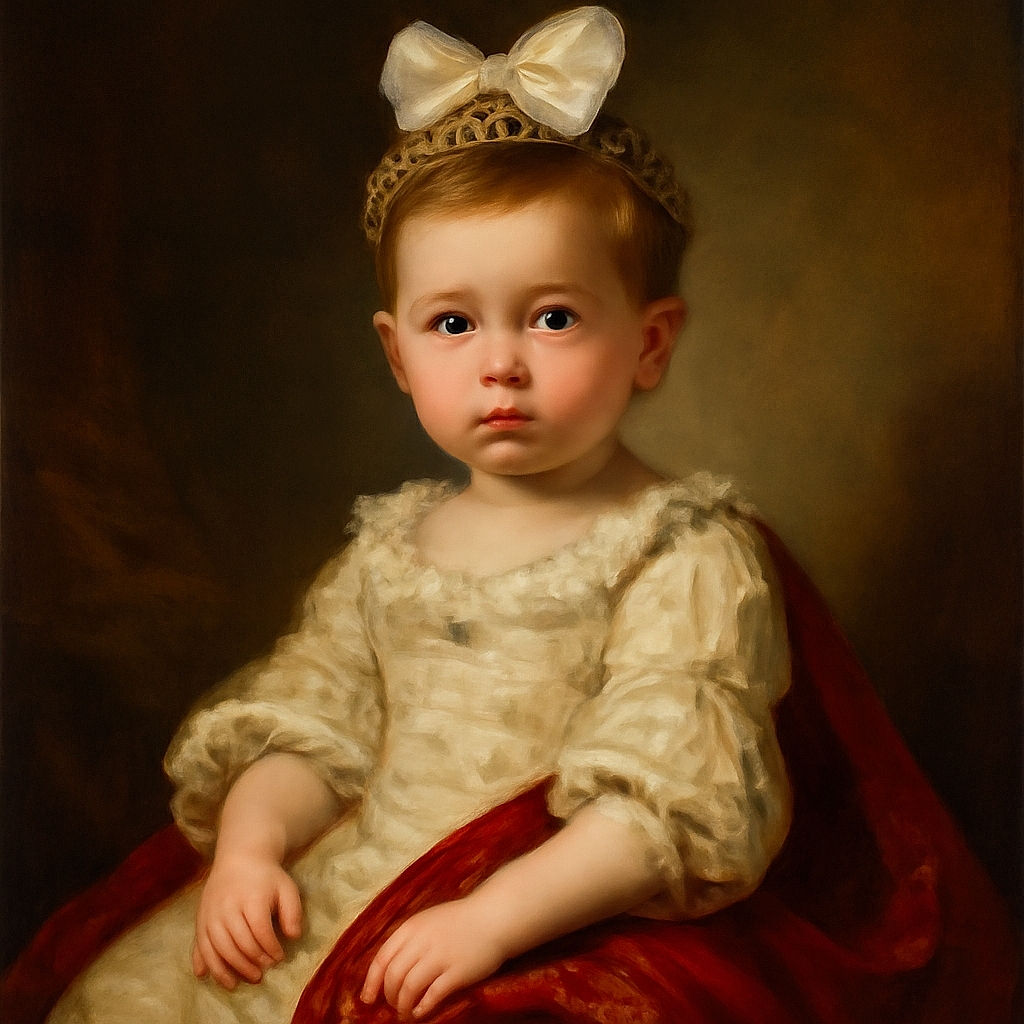 A serious-faced toddler sits in a cozy, fluffy armchair surrounded by an army of teddy bears and soft pillows, with a dreamy winter-themed backdrop that looks like a bear paradise.