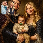 A cheerful family selfie featuring a smiling man and woman holding a baby with a pacifier, all posing happily indoors with a casual background including a wooden door and some indistinct figures.