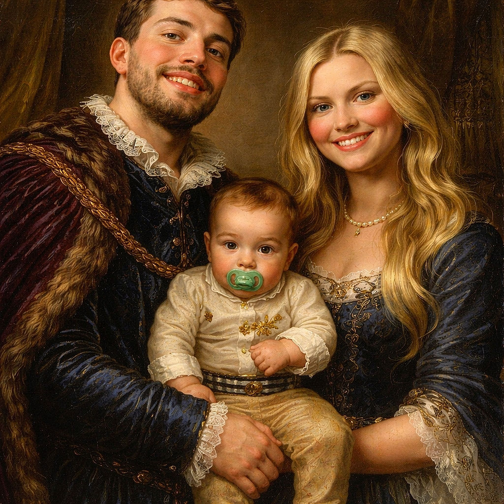 A cheerful family selfie featuring a smiling man and woman holding a baby with a pacifier, all posing happily indoors with a casual background including a wooden door and some indistinct figures.