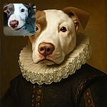 A close-up shot of an adorable dog with a big nose and soulful eyes, looking up curiously. The image is slightly blurry but captures the dog's charming expression perfectly.