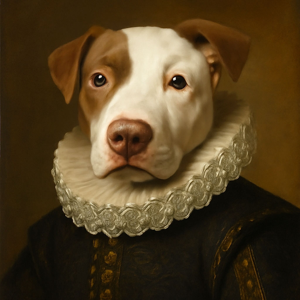 A close-up shot of an adorable dog with a big nose and soulful eyes, looking up curiously. The image is slightly blurry but captures the dog's charming expression perfectly.