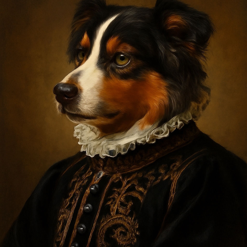A majestic tricolor dog with a thick, fluffy coat gazes thoughtfully into the distance, framed by a textured wall and natural stone foreground, exuding calm and noble vibes.