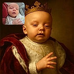 A sleepy baby wrapped in a cozy white outfit, resting against a red cushion with eyes half-closed and a tiny hand raised, as if caught mid-yawn or mid-thought in a candid, soft-lit moment.