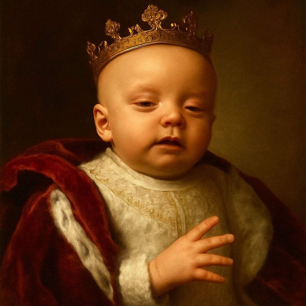 A sleepy baby wrapped in a cozy white outfit, resting against a red cushion with eyes half-closed and a tiny hand raised, as if caught mid-yawn or mid-thought in a candid, soft-lit moment.