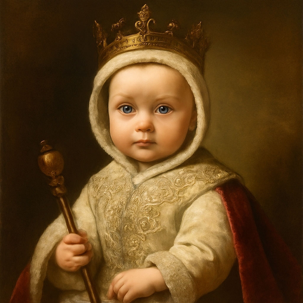 A close-up of a wide-eyed baby wearing an adorable fluffy white hoodie with bear ears, looking straight at the camera with a serious yet curious expression, wrapped snugly in a car seat harness.