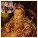 A sleepy little baby is buckled into a car seat, peacefully dreaming like the world’s tiniest executive between snack meetings. A bow headband, butterfly-print outfit, chunky bracelet, and oversized red buckle complete the adorable travel ensemble.
