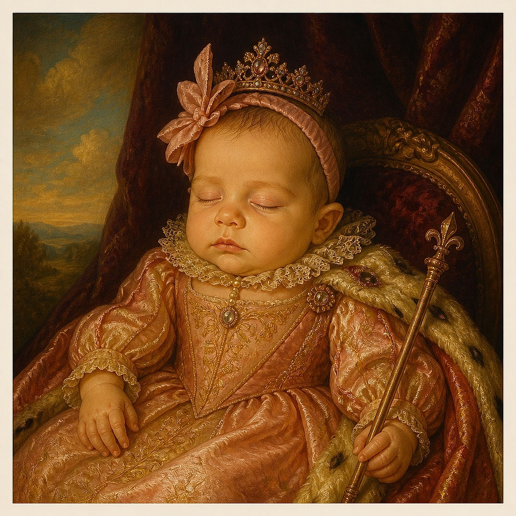 A sleepy little baby is buckled into a car seat, peacefully dreaming like the world’s tiniest executive between snack meetings. A bow headband, butterfly-print outfit, chunky bracelet, and oversized red buckle complete the adorable travel ensemble.
