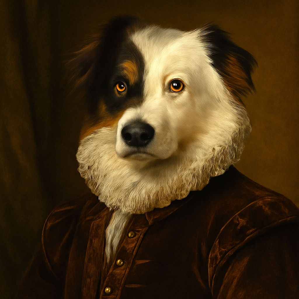 A striking dog with a unique half-black, half-white face looks up with soulful brown eyes, its fluffy fur creating a natural portrait against a simple tiled floor background.