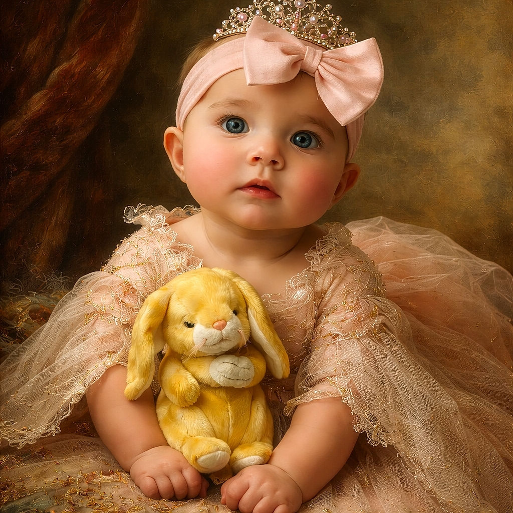 A chubby-cheeked baby wears an oversized pink bow and a white top, propped on a plush blanket clutching a sleepy yellow bunny while two teddy bears softly blur in the background — peak adorable, squishy portrait vibes.