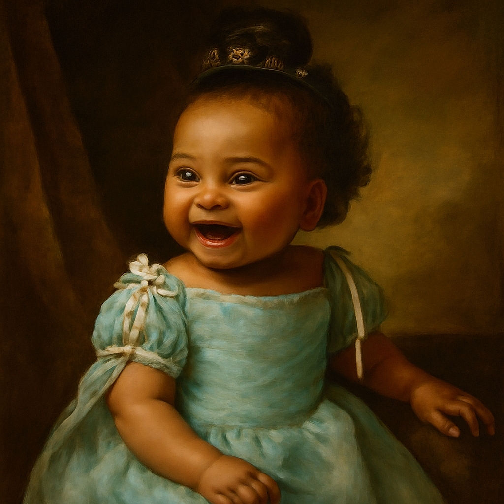 A joyful toddler in a turquoise polka-dot romper sits on a textured stone surface next to a large tree trunk, giggling and looking to the side, with a playful arm and leg posture. In the background, a casually dressed person is partially visible, adding a sense of outdoor family fun in a park setting.