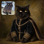 A magnificent fluffy black cat sits like a tiny, judgmental forest spirit, staring directly into the camera with glowing golden eyes while its enormous ears and luxurious mane demand royal tribute.