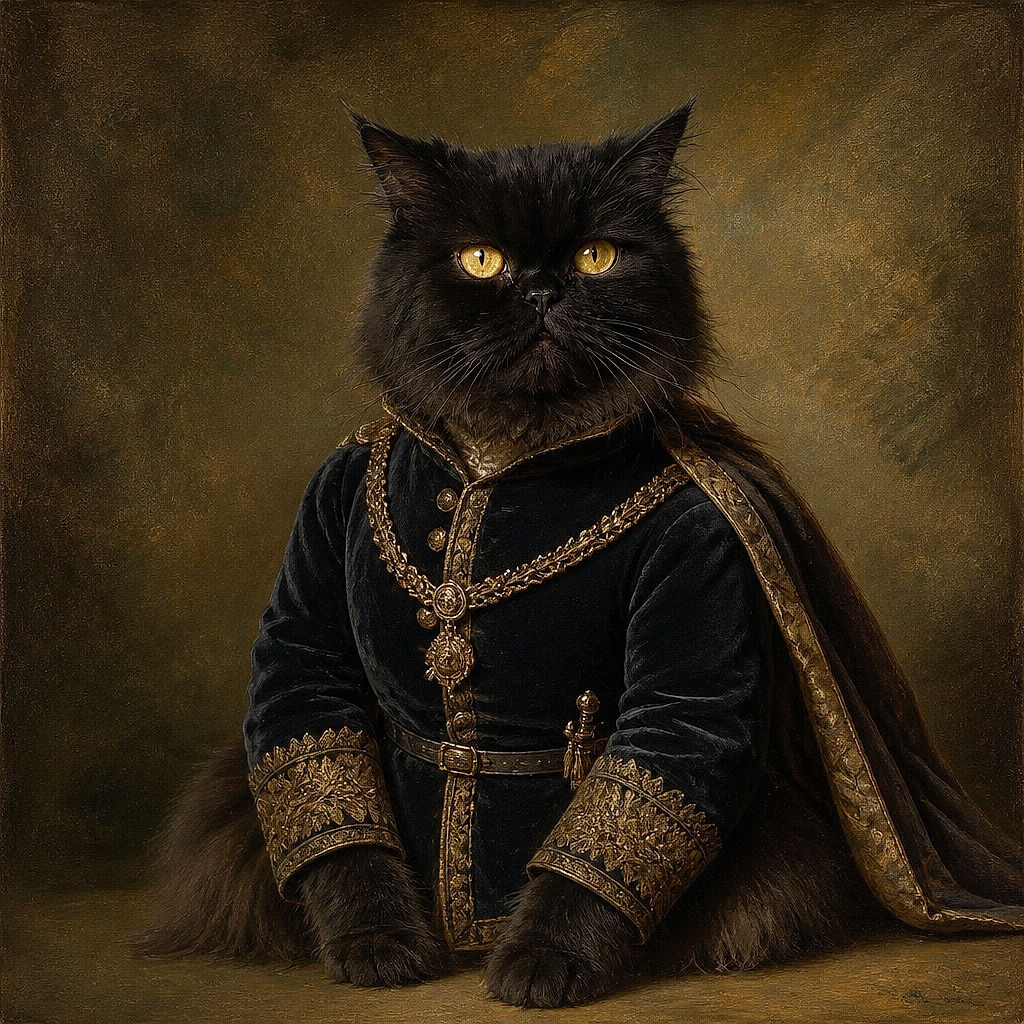 A magnificent fluffy black cat sits like a tiny, judgmental forest spirit, staring directly into the camera with glowing golden eyes while its enormous ears and luxurious mane demand royal tribute.