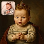 A curious baby with big, sparkling eyes and a striped sweater looks directly at the camera while lying on a soft, cozy blanket, making tiny fists as if ready to conquer the world.